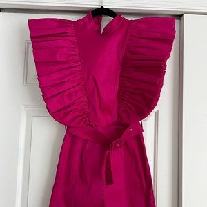 AKIRA Label Valentina Taffeta Ruffle Sleeve Romper - Magenta - S/M